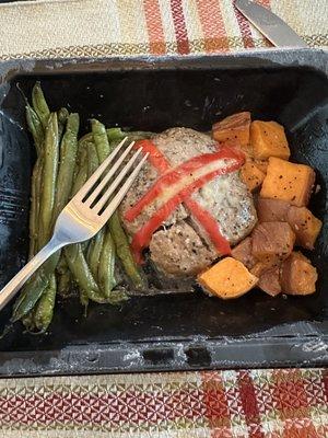 Burger patty, asparagus, and sweet potato