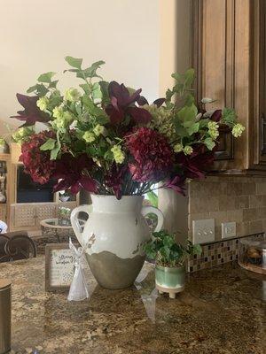 Kitchen. A bouquet he put together.