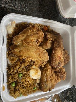 Shrimp fried rice and wings