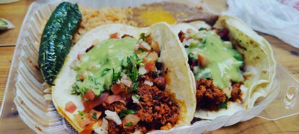 Tacos Adobada with rice and beans