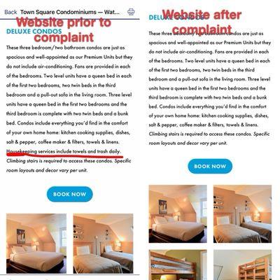 Website before and after I filed complaint. $150 charge to remove trash bags from room.