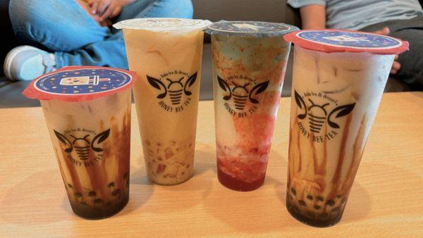 Drinks we ordered. Tiger milk tea, mango drink with lychee jelly, strawberry matcha, and the tiger milk