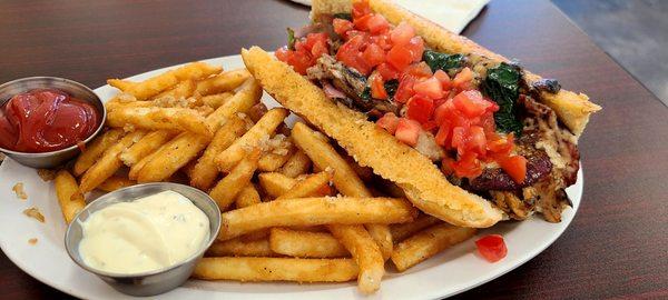 "The fun guy" chicken hoagie with garlic fries. SO GOOD!!! $15