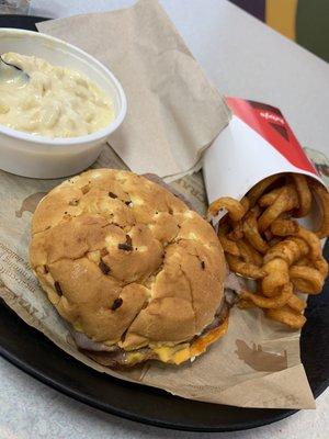 Beef and cheddar with curly fries and mac & cheese