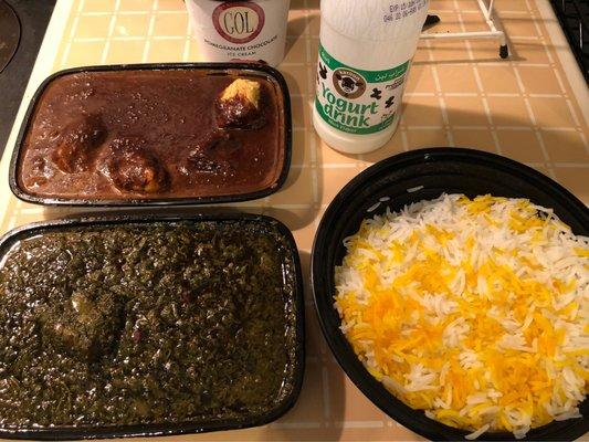 From Top:  Fesenjan, Yogurt, Gormeh Sabzi, Rice