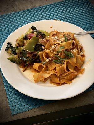 Butternut squash farfedelle-added fresh dates/walnuts red pepper, (nutmeg basil and Parmesan on top)  Rainbow Swiss chard n leek.