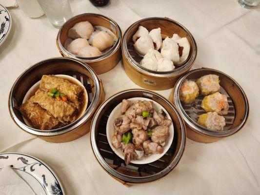 Beancurd Rolls, Har Gow, Steamed Roast Pork Buns, Shumai, and Spareribs