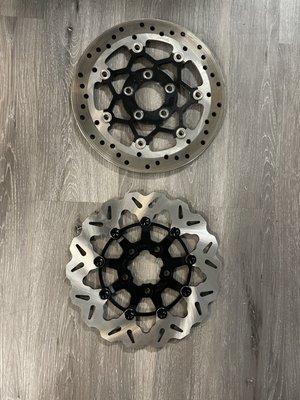 Top is stock
Bottom is not 

Galfer brake upgrades are worth every dollar! We only use the best.