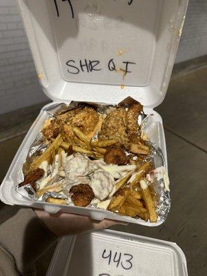 Lemon pepper tenders and queso and shrimp fries...I am their number one fan