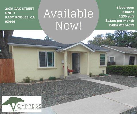 2036 Oak Street Unit 1 Paso Robles, CA, 93446 $2,500/month $2,600 security deposit