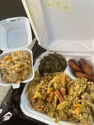 Curry Chicken Baked Mac and Cheese Sweet Plantains Collard Greens