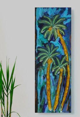 Handmade ceramic wall hanging entitled "Maui Swaying Palm Trees", can be used as a kitchen backsplash or bathroom shower tile.