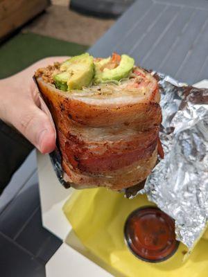 Pollo burrito wrapped in bacon