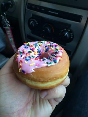 Poorly frosted donut, all four visits the donuts were frosted this way. Even the glazed donuts had poor coverage.