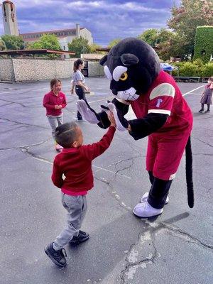 Panther giving out high fives on the first day of school for the 23-24 school year! Roar!