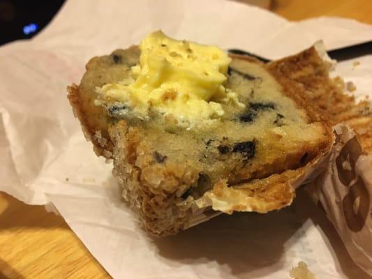 Blueberry muffin cold with butter....Blueberry muffin "toasted" with butter.