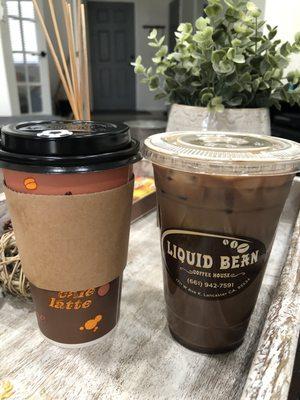 Hot white mocha and iced mocha latte with oat milk