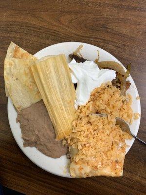 Quesadilla, tamale, beans, fajitas