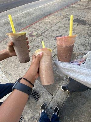 Cookies and cream, Espresso cappuccino mocha, and Double chocolate all with boba