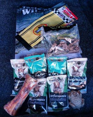 Taste of the wild, lamb lung, victor performance and hi-pro plus, kong, bone with marrow, and a toad dental chew.