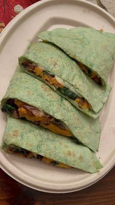 Quesadilla 2 - Sweet Potato , mushrooms , onions , spinach and vegan cheese. ( vegan )