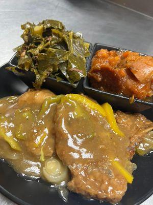 smothered pork chops, collard greens, and candied yams. smothered pork chops served on Sundays only