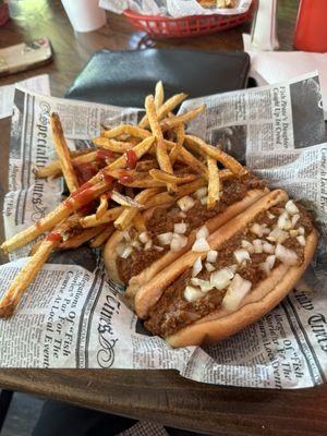 My tasty two hotdogs/ fries plate! Pregame supper! Wieners were deep fried!