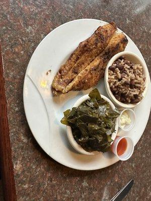 The blackened sway fish, red beans and rice with a side of collard greens was delicious!