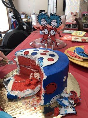 Thing 1 Thing 2, Dr. Seuss themed baby shower cake for twins! Delicious gluten free cafe! Yum!!!