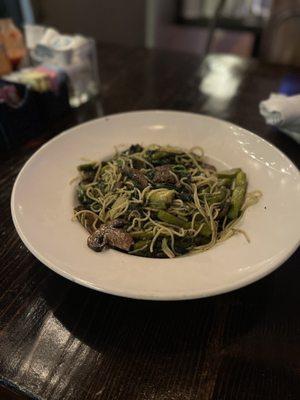 Custom pasta dish with mushrooms, spinach and asparagus.