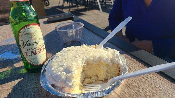 Beer, wine and sunny deck from unWind,  sour cream coconut cake from the Farm on Sneads Ferry