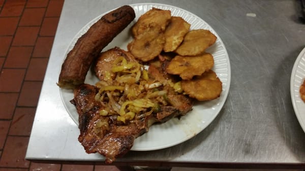 Pork chops tostones and sweet plantains