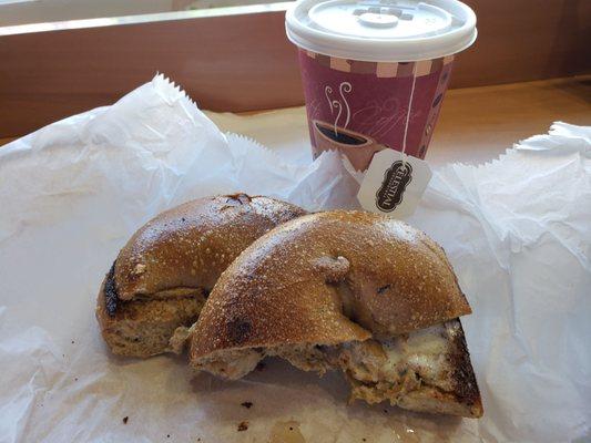 Well toasted whole wheat bagel, green tea