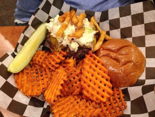 Pittsburgh style burger with sweet potato chips