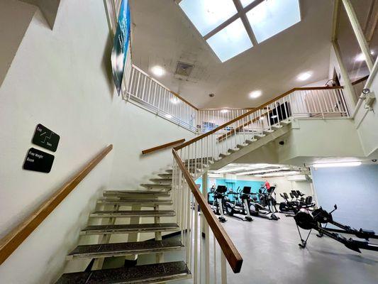 Upstairs is their classroom, the pool, and one of the weight rooms and downstairs is the treadmill room and two other weight rooms