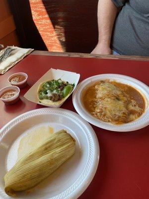 Pulled beef tamale in front, to the left pulled beef brirra on homemade flour tortilla, to the right chili relleno