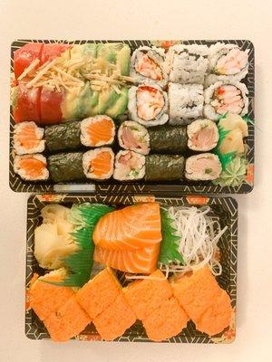 Takeout sushi: Bird of Paradise Roll, Crab roll, Salmon Roll, Yellowtail Roll, Salmon sashimi, Autumn Roll