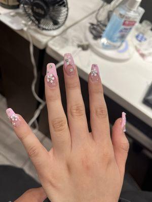 Full set pink nails, French with rhinestones