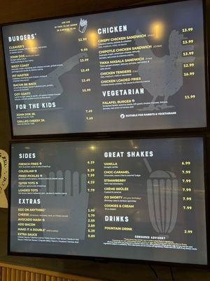 Burgers and shakes menu