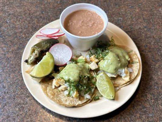 Two Pollo Tacos and a Side of Beans After a Trip to the Toppings Bar