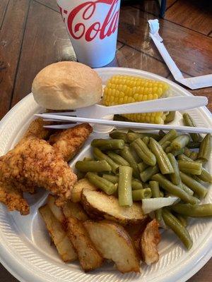 Hand breaded chicken tenders, green beans, corn on the cob and fried potatoes $6.99