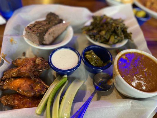 Combo platter - wings and brisket, collard greens and brunswick stew