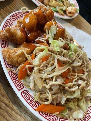 Pork chow mein and spicy orange pork