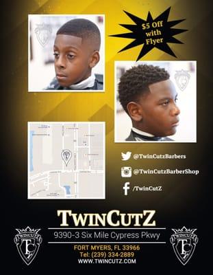 Receive five dollars off when you print this flyer for a first time customer and bring it to Twincutz.