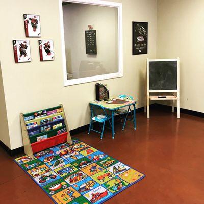 We offer a Kids Corner complete with coloring, books, chalkboard/whiteboard and a tv with movies to keep your kids busy.