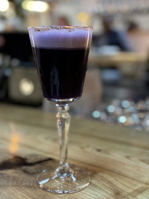 Purple Rain. Purple shiso-ube infused Bushido 'Way of the Warrior' Ginjo Genshu, orange curacao, lemon + egg whites*. Yum