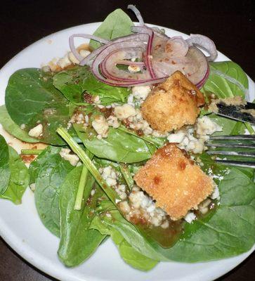 Spinach salad with Gorgonzola, cornbread croutons and warm bacon dressing