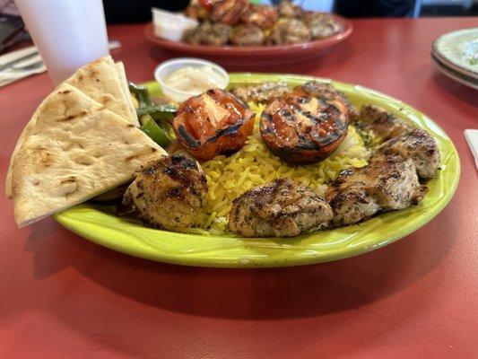 Chicken Kabob Platter with Roasted vegetables Basmati Rice and Pita Bread!