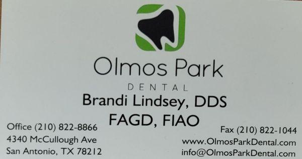 Olmos Park Dental, DR. Brandi Lindsey business card