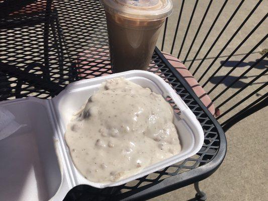 Iced chai tea and biscuits and gravy